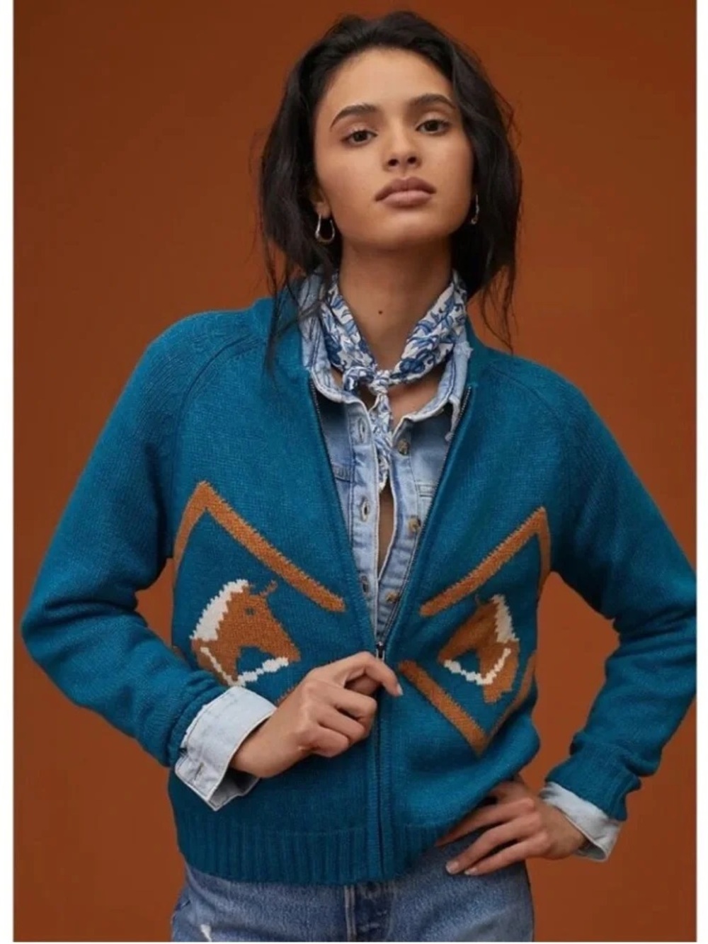 Anthropologie Horse Cardigan Zip Front